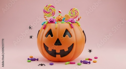 Halloween pumpkin bucket filled with colorful candies and lollipops