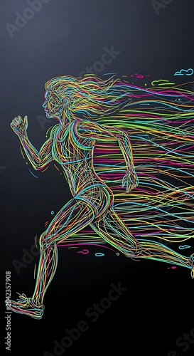 Vibrant, flowing lines form a runner's silhouette, evoking speed and energy