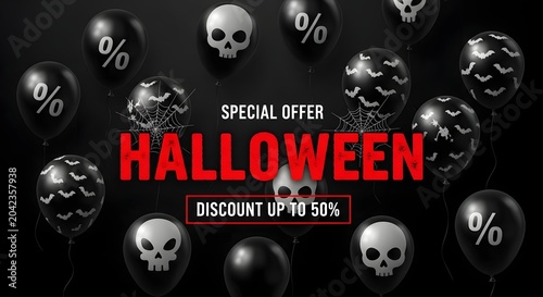Halloween special offer banner with black balloons, skulls, bats, and spider webs on a dark background