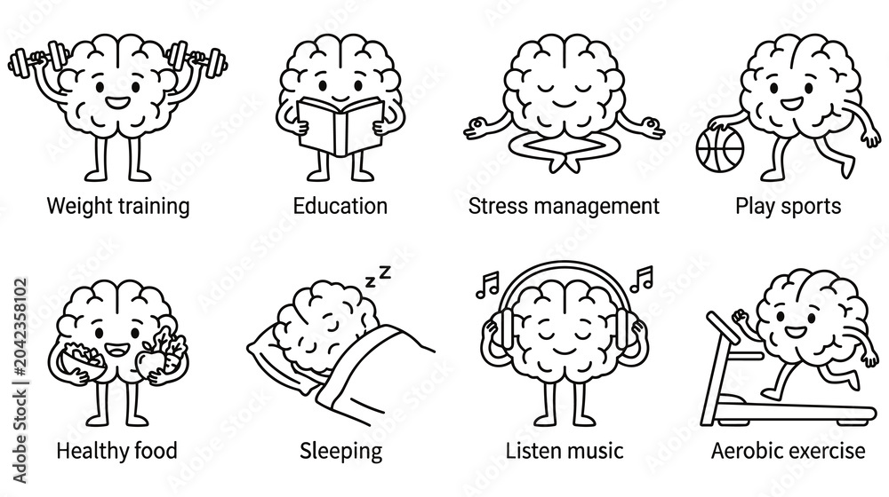 Obraz premium Cute brain characters showing healthy lifestyle.
