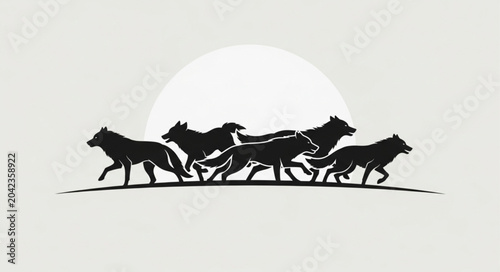 Fotografi Silhouette of a wolf pack running together under a large moon.