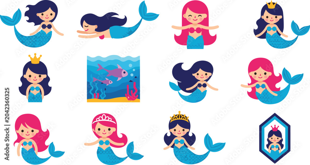 Obraz premium Mermaid Character Vector Set Collection Isolated on White Background