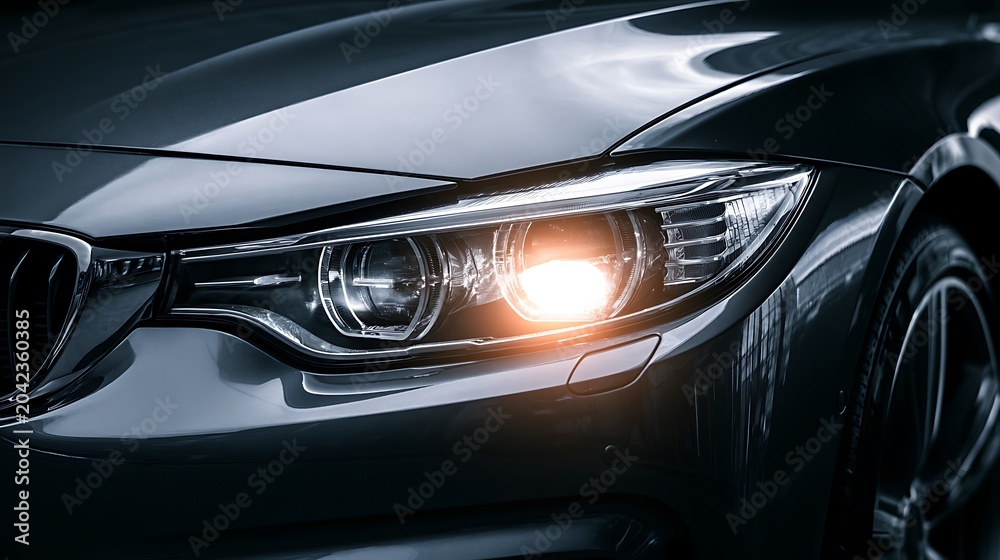Fototapeta premium Modern luxury car headlight with glowing lamp