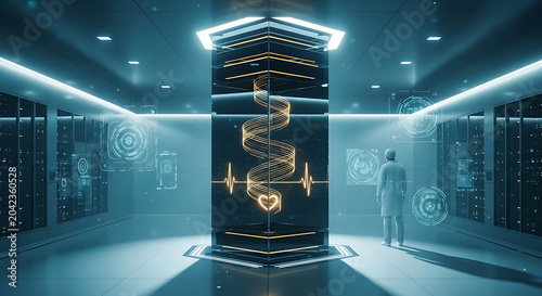 Futuristic Medical Research Laboratory with Scientist Analyzing Glowing DNA Helix and Heartbeat Data in a HighTech AI Biotechnology Facility