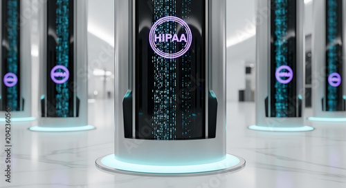 HIPAA Regulatory Compliance and Medical Data Privacy Concept featuring Futuristic HighTech Server Pillars in a Modern Healthcare Data Center Room