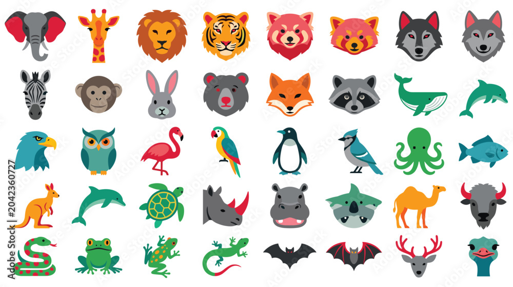 Fototapeta premium Colorful wild animal and bird icons collection set flat.