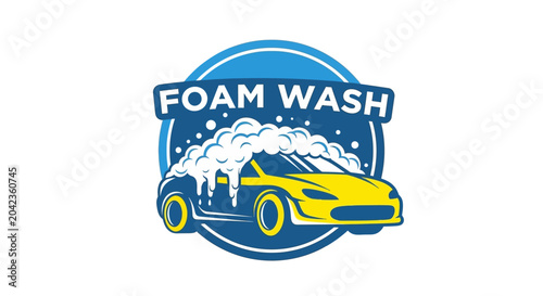 Billede på lærred Car Wash Foam Logo - Yellow Car with Bubbles and Blue Circle