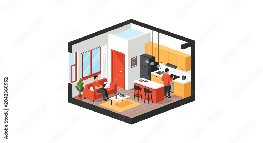 Obraz premium Isometric Modern Studio Apartment Interior Illustration with People Cooking and Relaxing in Living Room and Kitchen Area