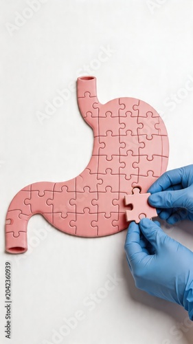 A creative representation of stomach health, featuring a gloved hand placing a puzzle piece into a stomach-shaped jigsaw puzzle, conveying the idea of solving digestive problems and promoting overall