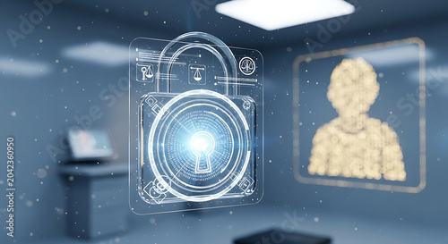 Advanced cybersecurity concept featuring a glowing holographic padlock and human profile silhouette for data privacy and legal digital identity