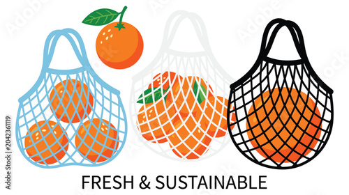Fresh sustainable oranges in reusable mesh shopping bags.