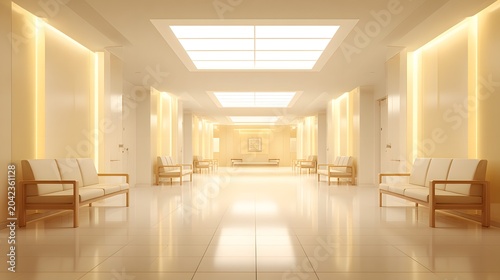 Bright modern hospital lobby urban setting interior design calm atmosphere aesthetic viewpoint