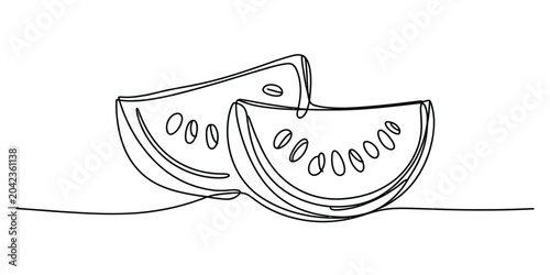 Continuous single line drawing of two fresh watermelon slices with seeds