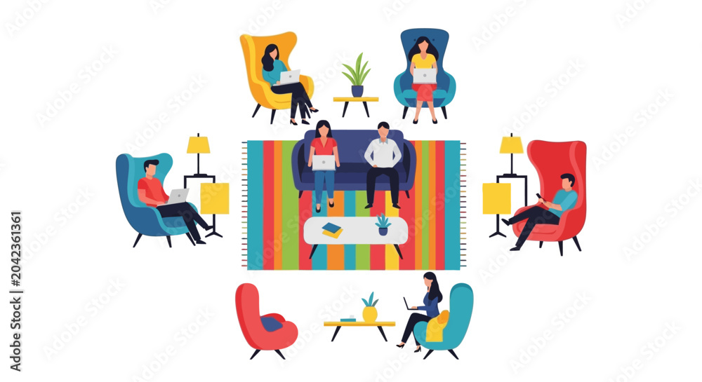 Obraz premium Flat Vector Illustration of Remote Workers and Freelancers in a Modern Coworking Lounge Space