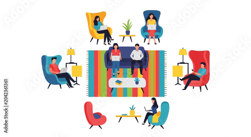 Flat Vector Illustration of Remote Workers and Freelancers in a Modern Coworking Lounge Space