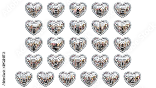 Symmetrical grid of silver mirror disco ball heart shaped icons isolated on white background, love and romance concept