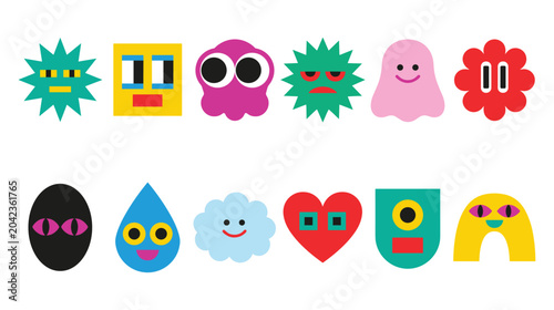 Collection of colorful cute monster shapes and avatars.