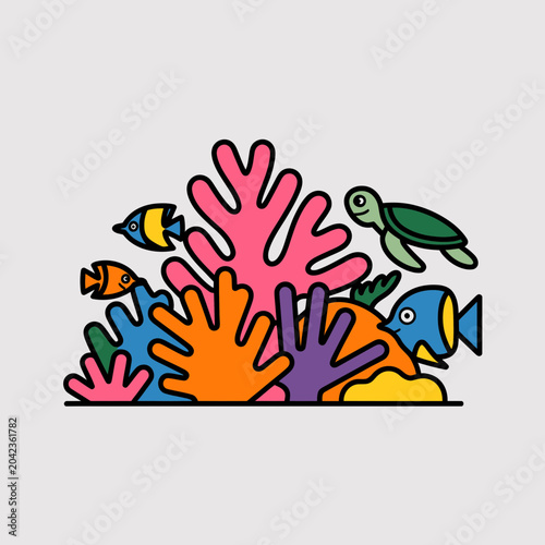 Colorful Coral Reef with Fish and Sea Turtle