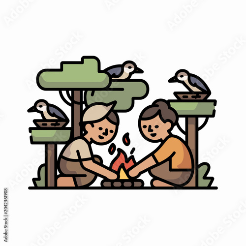 Children Building Fire Under Bird Nests in Trees