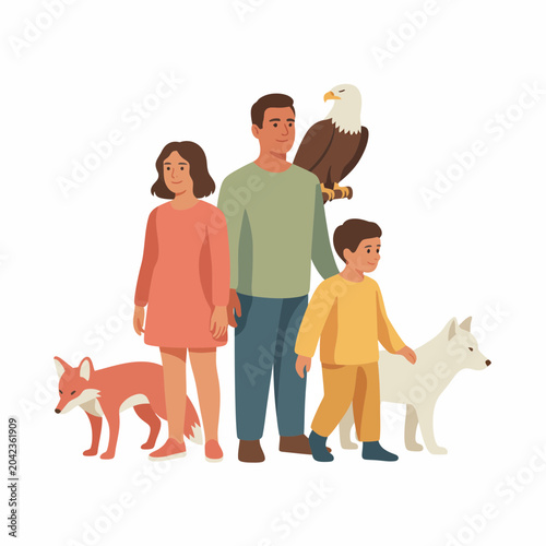 Family with Eagle on Shoulder Standing with Pets