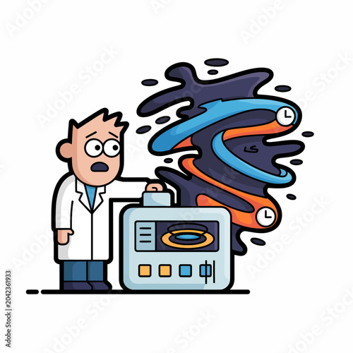 Scientist shocked by swirling colorful liquid in laboratory
