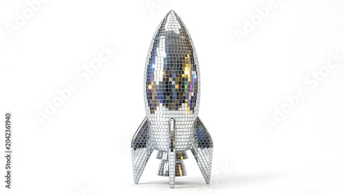 Retro space rocket spaceship shape covered in silver mirror disco ball mosaic tiles isolated on white background, startup concept