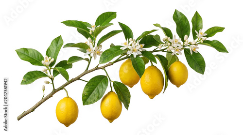 Картината върху платно Fresh lemon fruit branch with white flowers isolated on transparent background png for citrus marketing