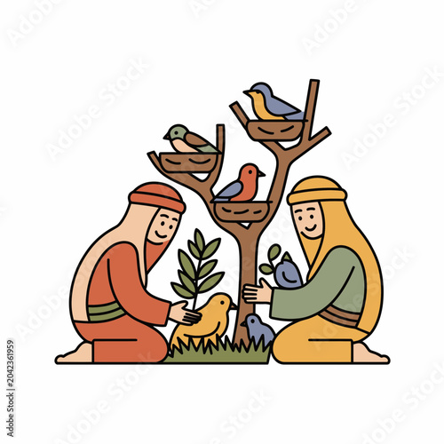 Noah and Wife Planting Tree with Birds and Animals