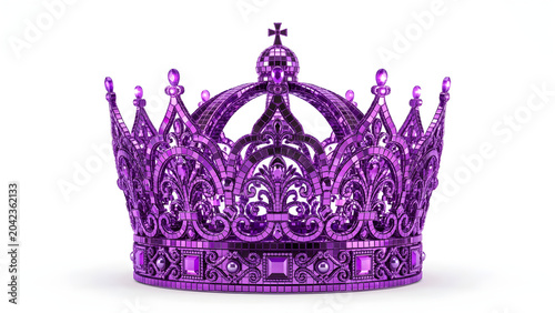 Royal queen crown with purple violet mirrored disco ball mosaic texture isolated on white background, luxury majesty concept