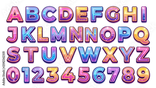 Colorful retro disco ball mirror mosaic typography text set including alphabet and numbers isolated on white background