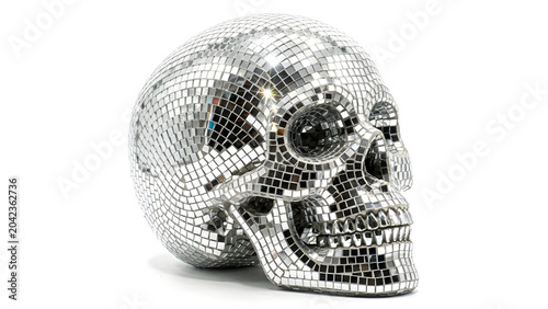 Gothic style skull sculpture covered in silver mirror disco ball mosaic tiles isolated on white background, edgy art concept