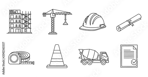 Construction site icons set with building crane hard hat and cement mixer truck