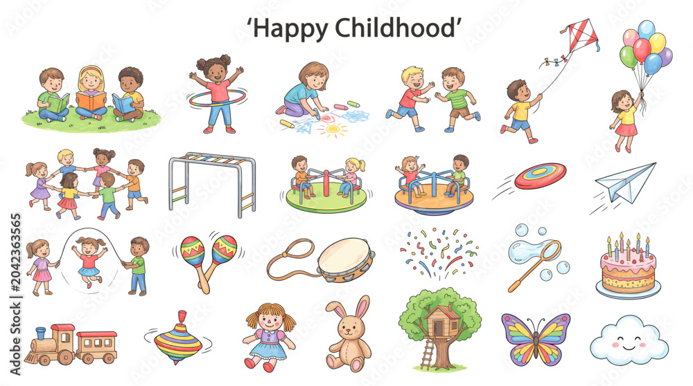 Obraz premium Happy childhood vector clip art set with playful kids, toys, balloons, games, birthday cake, rainbow, kite, butterfly and cute activity icons