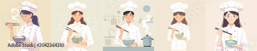 vector female chef eating noodles standing pose