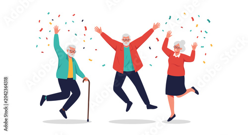 Group of three happy elderly people jumping for joy with colorful confetti to celebrate a birthday or retirement.