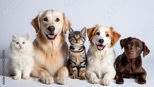 Happy pets group including dog, cat and puppy smiling together