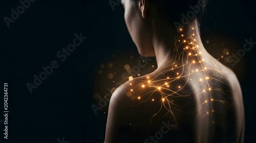 Back view of a woman with glowing nerve pathways and light points along her shoulder and spine on a dark background, conceptual medical image symbolizing the nervous system, nerve pain and energy flow