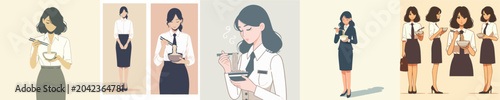 vector of female secretary eating noodles standing pose