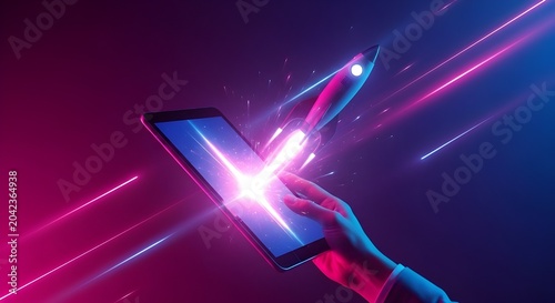 Digital Rocket Launch from Tablet Screen, Technology Innovation, Startup Success, Neon Glow, Future Concept