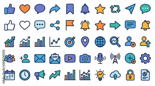 Schilderij op canvas Modern Web and Mobile User Interface Icons Collection with Social Media Symbols