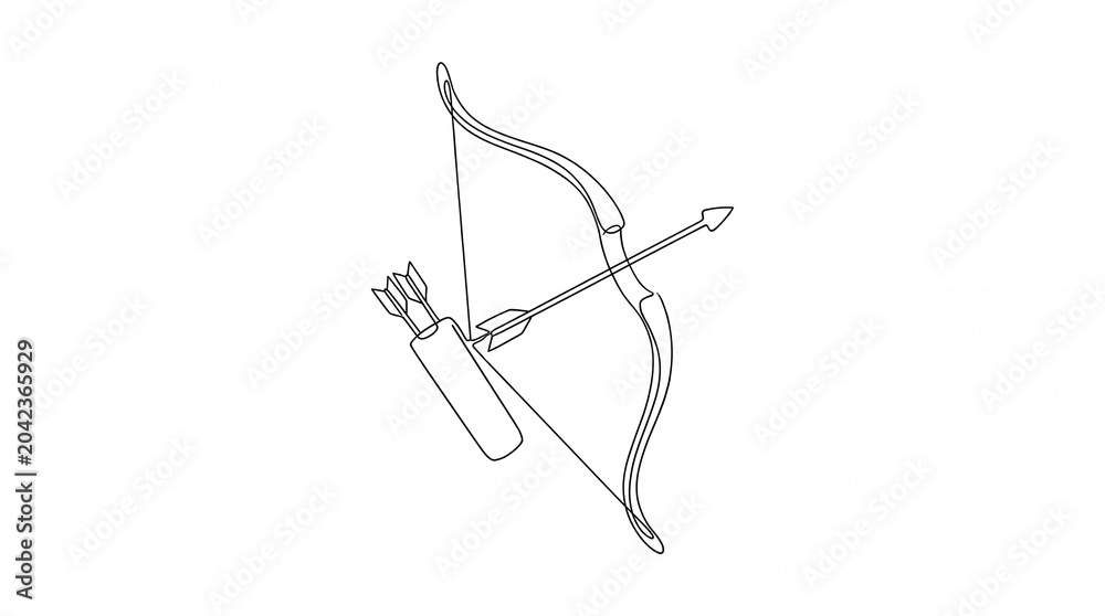 Obraz premium Continuous one line drawing of a bow with arrow and quiver, minimalist archery illustration.
