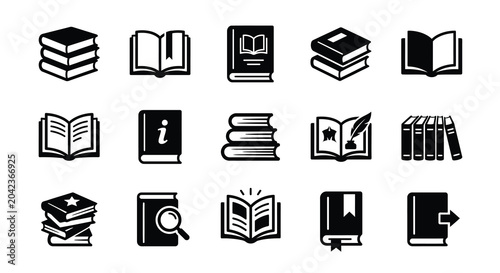 Black silhouette book icons set literature education and information resources collection