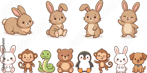 Photography Cute Kawaii Animal Vector Character Set with Happy Brown Bunnies, White Rabbit,