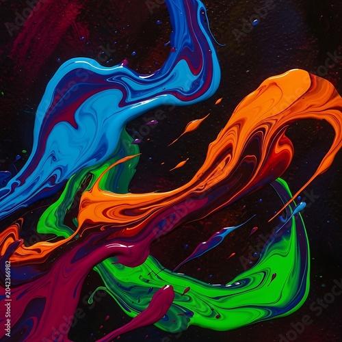 Vibrant, fluid paint splashes in neon blue, orange, green, and purple against black