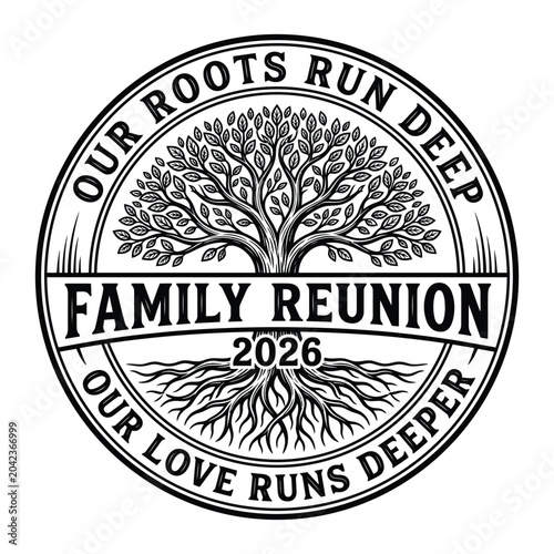 Bilde på lerret Our Roots Run Deep Family Reunion 2026 Heritage Tree Emblem Vector Design