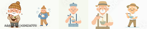 vector of grandfather eating noodles standing pose