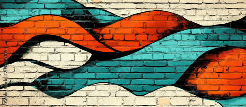 Vibrant graffiti artwork on urban brick wall with wavy colorful design