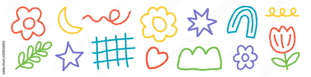 Naklejka premium Scribble crayon vector set with playful naive doodles