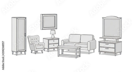 Comprehensive home furniture outline illustration set