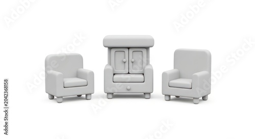 Minimalist white 3d furniture set with armchairs and cabinet